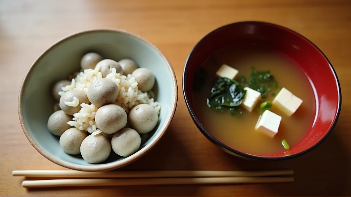 茶碗によそったむかごご飯と、みそ汁を並べた食卓