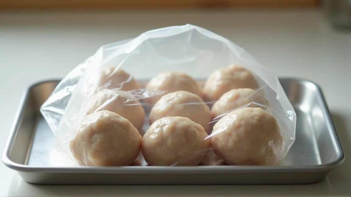 冷凍用の保存袋に、重ならないように平らに入れたゆでた鶏団子