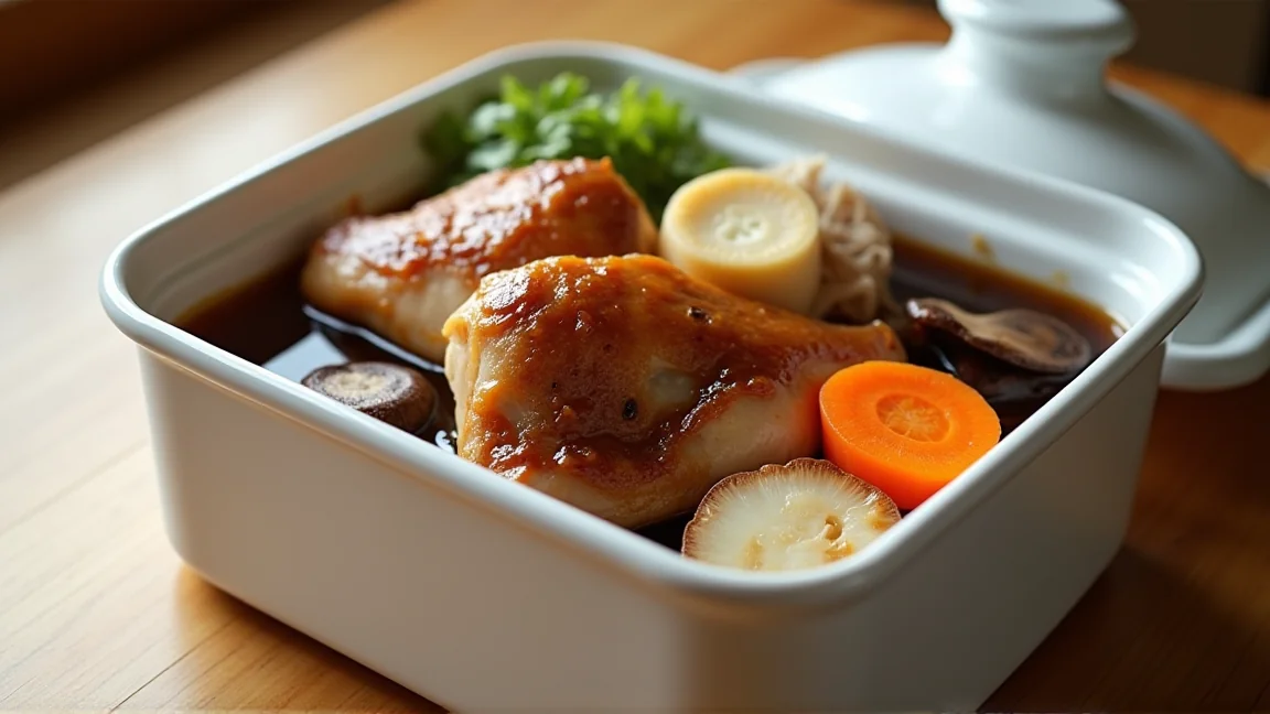 白い保存容器に入れた、作り置きの筑前煮