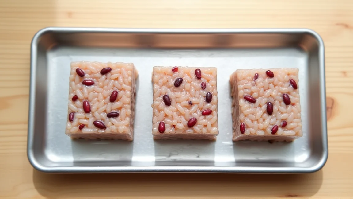 冷凍用に、1食分ずつ平たい四角にまとめた赤飯