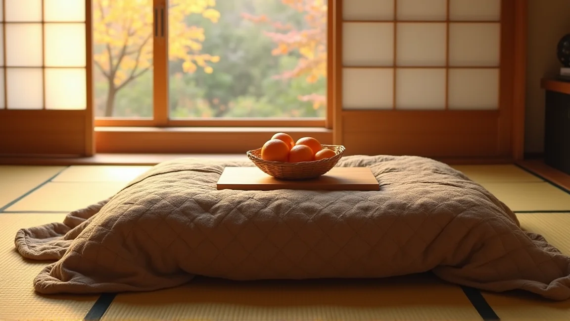 和室に出したこたつと、天板にのせたみかん