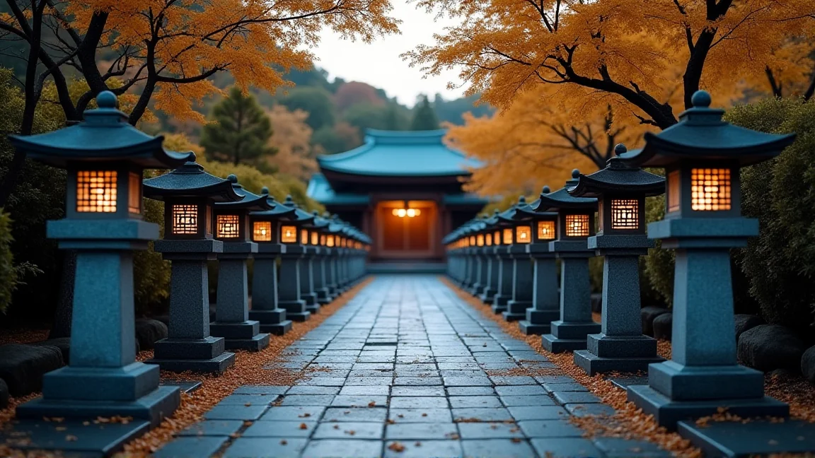 夕暮れの神社の参道。石灯籠が並び、石畳にイチョウの落ち葉が散っている