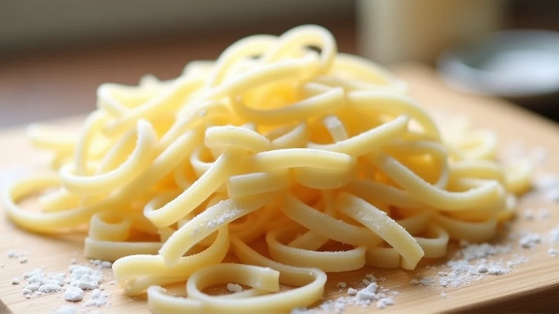 打ち粉をまとった、幅1cmほどの平たい生のほうとうの麺