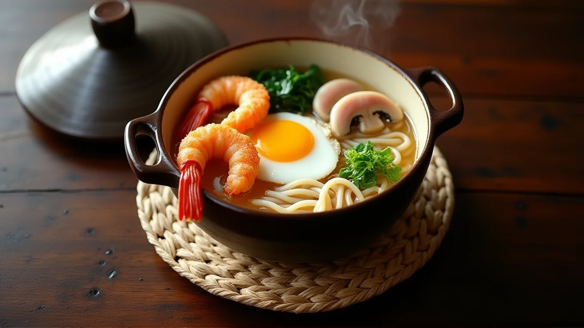 土鍋で作る鍋焼きうどんの具材と作り方のイメージ画像