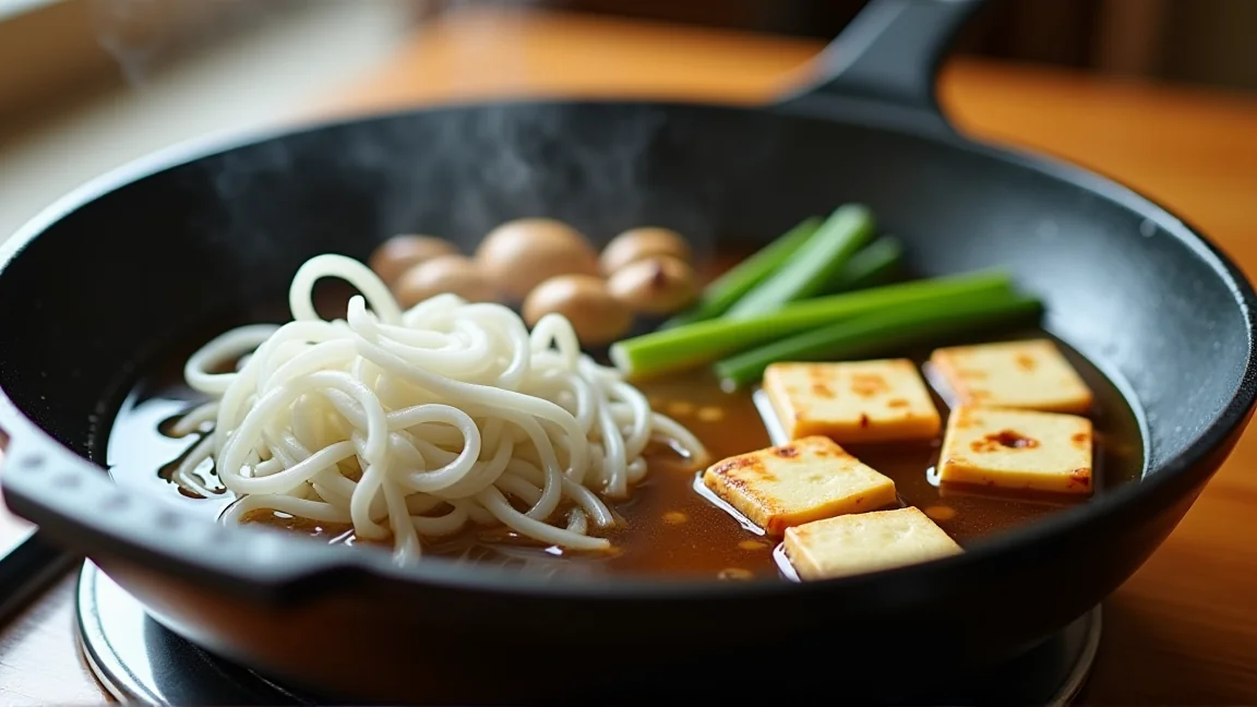 しらたき・焼き豆腐・ねぎ・しいたけを煮るすき焼き鍋